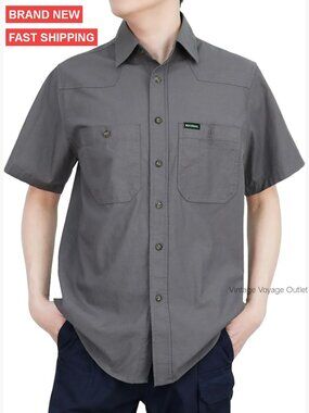 Men's Short Sleeve Button Down Work Shirt Relaxed Fit Utility Pockets